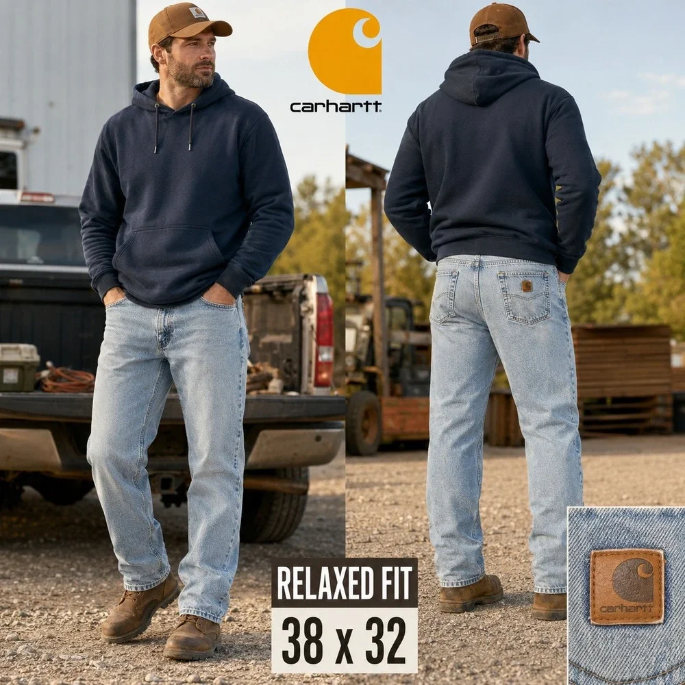 Carhartt B172 DST Relaxed Fit Flannel Lined Jeans Mens 38x32 Light Wash Denim